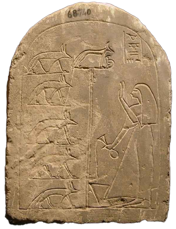 A woman pours a libation of water in front of the standard of Wepwawet